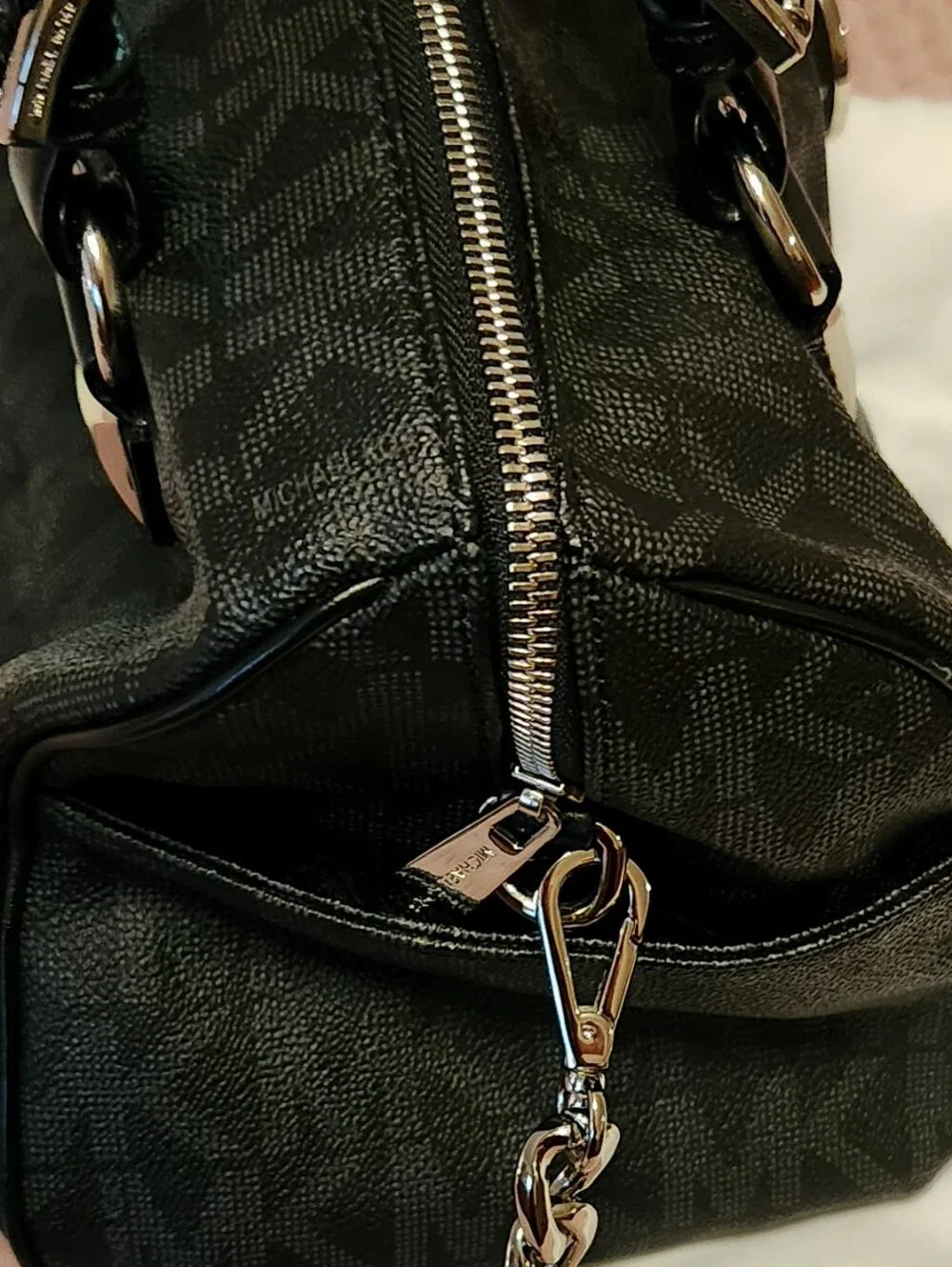 Michael Kors Black Logo Satchel with Silver Hardware